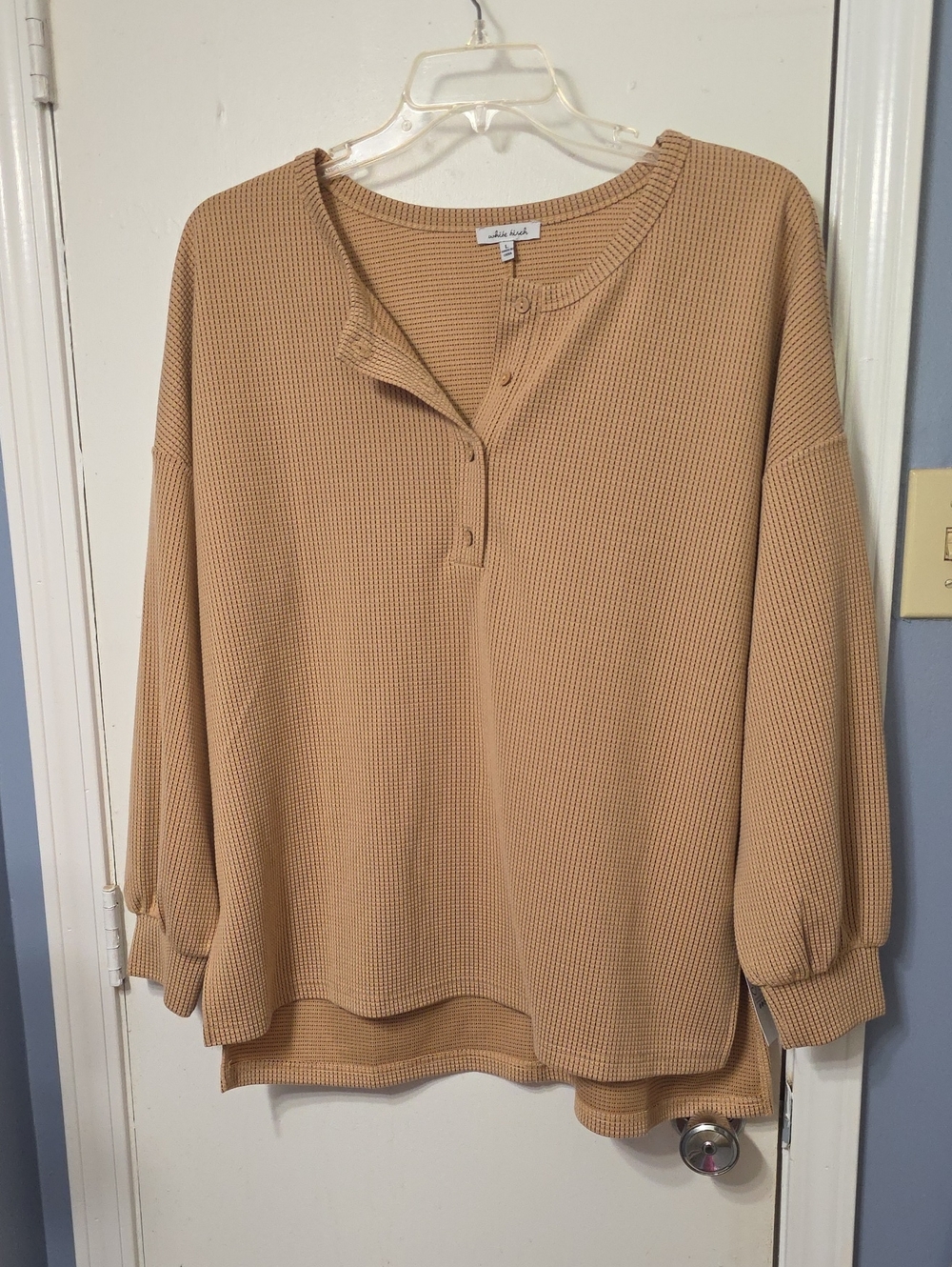 white birch Waffle-Knit Henley Top - Camel Tan